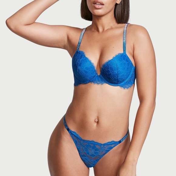 Victoria's Secret VERY SEXY Enamel Blue Shine Strap Lace Brazilian Panty - Picture 1 of 12